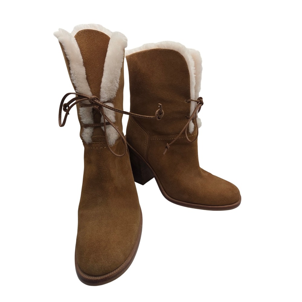UGG Suede Leather Jerene Heeled Boots With Lamb Shearling Lace Up Ankle Booties‎